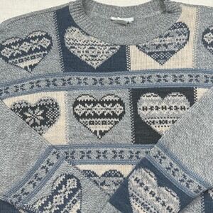 Cottagecore Vintage Hearts Patterned Sweater Gray Blue PatchworkMedium